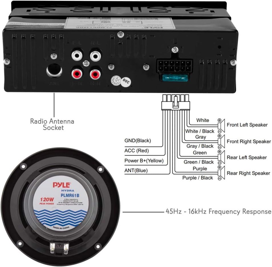Marine Head Unit Receiver Speaker Kit with Bluetooth and 6.5’’ Waterproof Speakers N963005