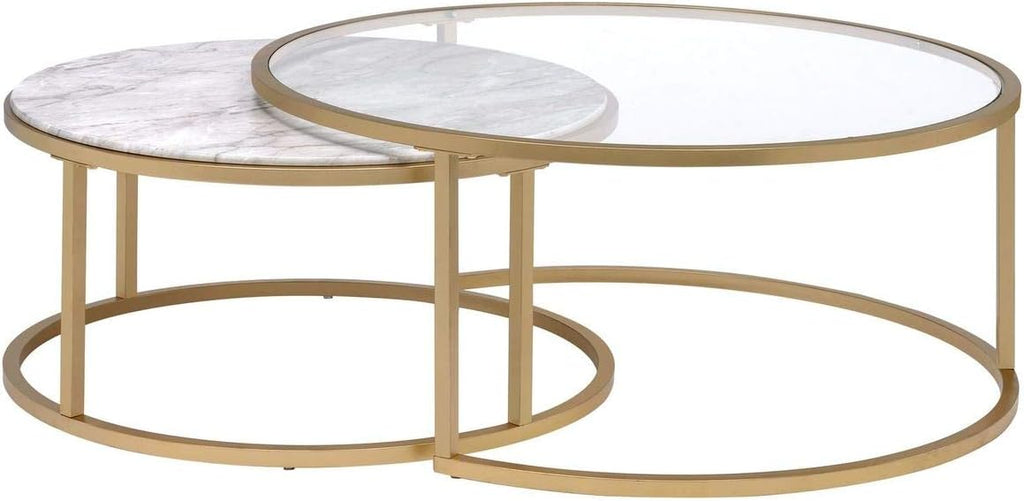 Modern Nesting Coffee Table Set of 2, Faux Marble & Clear Glass Top, Metal Frame, Gold Finish Q850911