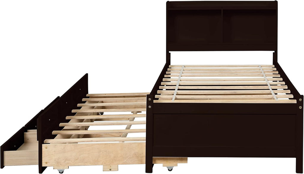 Twin Wood Captain’s Bed with Bookcase Headboard, Trundle and 3 Drawers, Espresso W665510