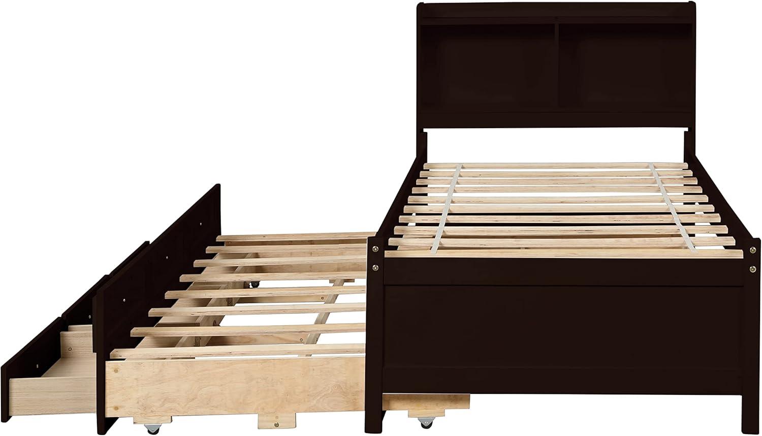 Twin Wood Captain’s Bed with Bookcase Headboard, Trundle and 3 Drawers, Espresso W665510