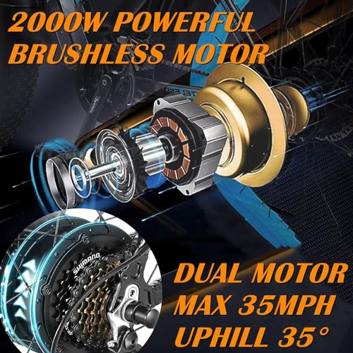 Dual Motors 2000W 35MPH Electric Mountain Bicycle with 48V 22.4AH Removable Battery, 7 Speed 26" Fat Tire Full Suspension Hydraulic Disc Brake Q350