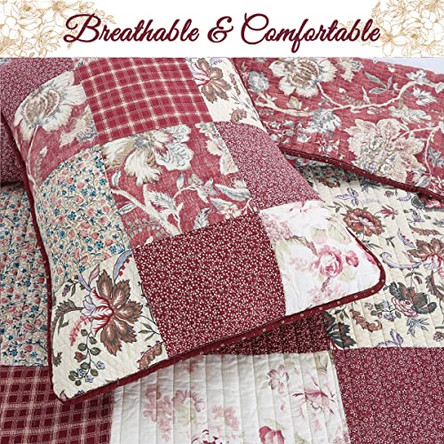 Burgundy Wine Red Floral Paisley Patchwork 100% Cotton Reversible Quilt Bedding Set, Queen - 3 Piece H897265