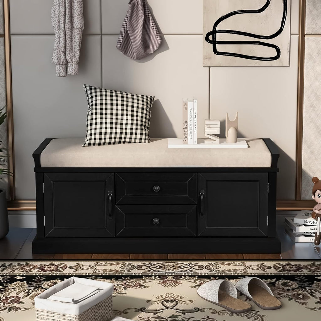 Black Storage Bench with 2 Drawers and 2 Cabinets with Removable Cushion V997276