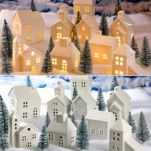 22 Pcs Ceramic Christmas Village Set with Light Include 9 Lighted Village Houses 13 Christmas Trees White Roof T991356