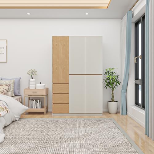 White Wood 4-Door Armoire Wardrobe Closet with Hanging Rod B863786