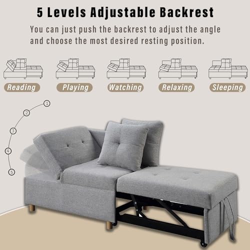 Light Gray Linen Convertible Sleeper Sofa Chair with 2 Throw Pillow A6467