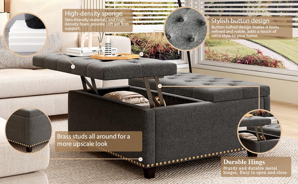 Large Square Storage Ottoman Coffee Table, Light Grey Linen Upholstered with Lift Top C91892