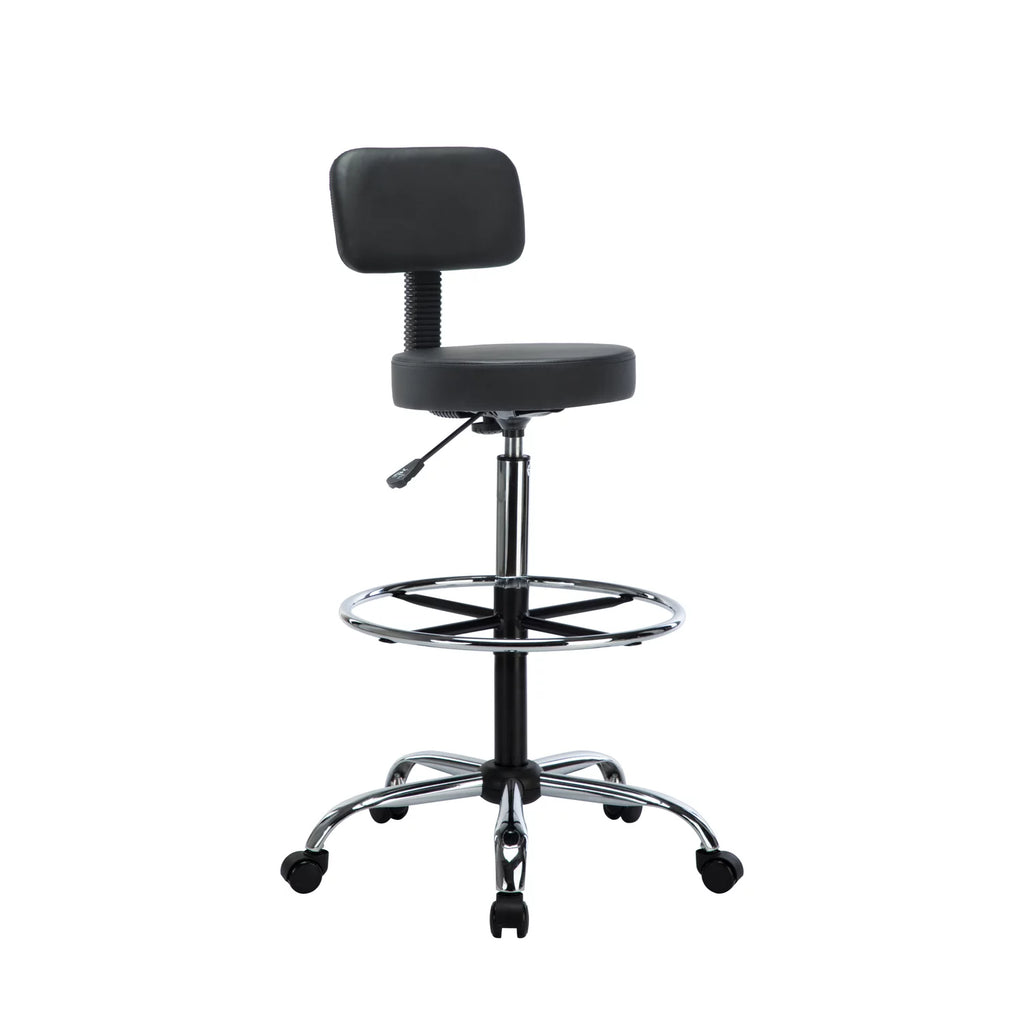 Black Faux Leather Drafting Stool with Backrest and Rolling Wheels E6268