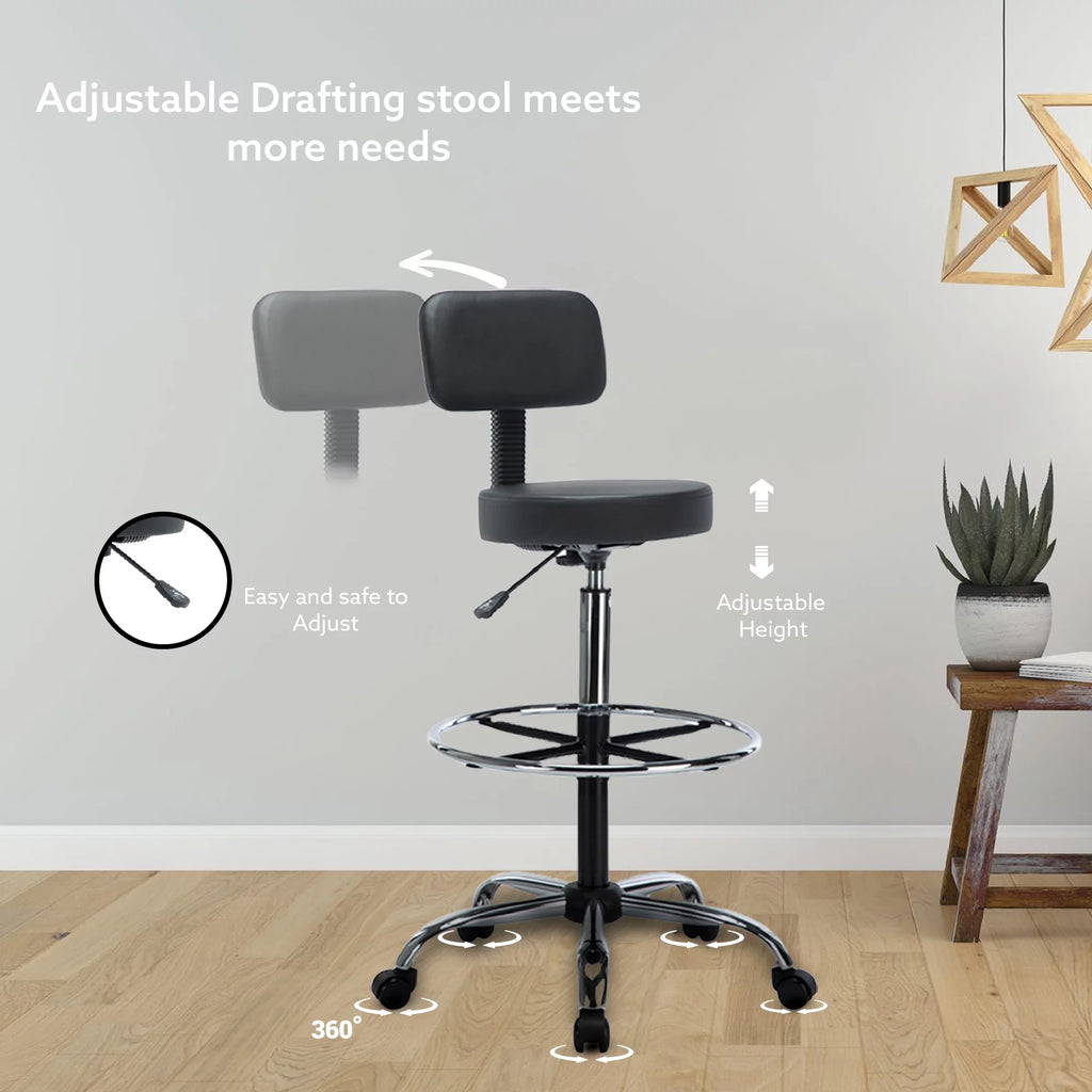 Black Faux Leather Drafting Stool with Backrest and Rolling Wheels E6268