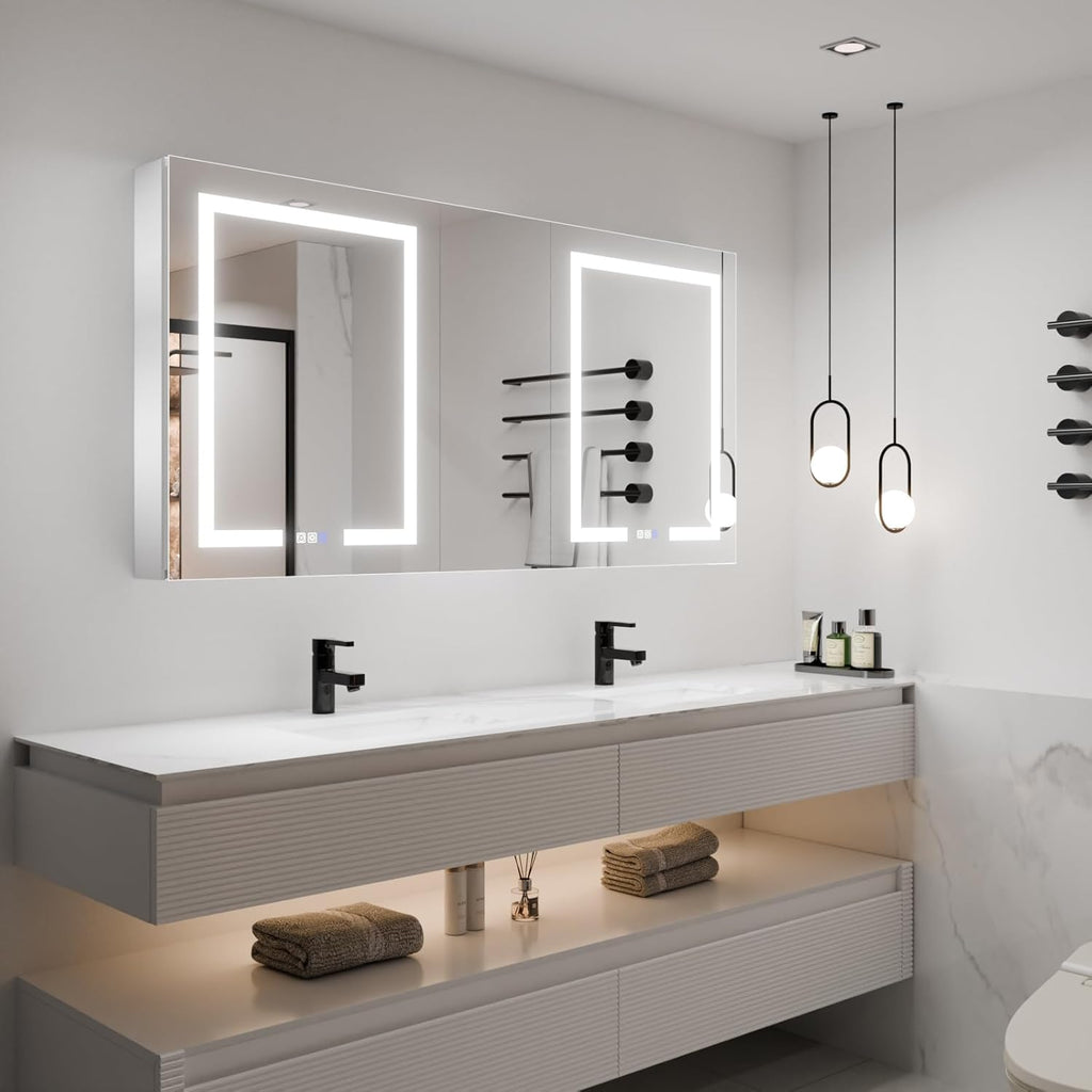 LED Lighted Bathroom Medicine Cabinet with Mirror, 60 x 30 Inch, with Extra Closed Storage Cabinet P760404