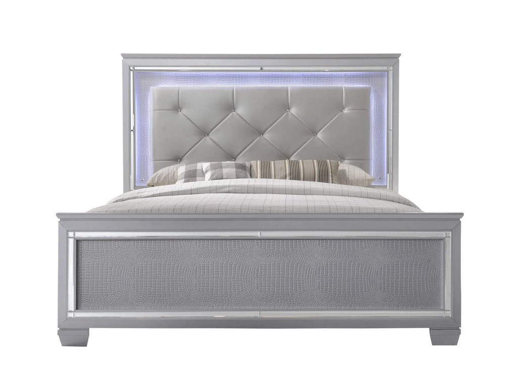 Silver Finish Queen Size LED Backlit Upholstered Headboard Bed Z247638