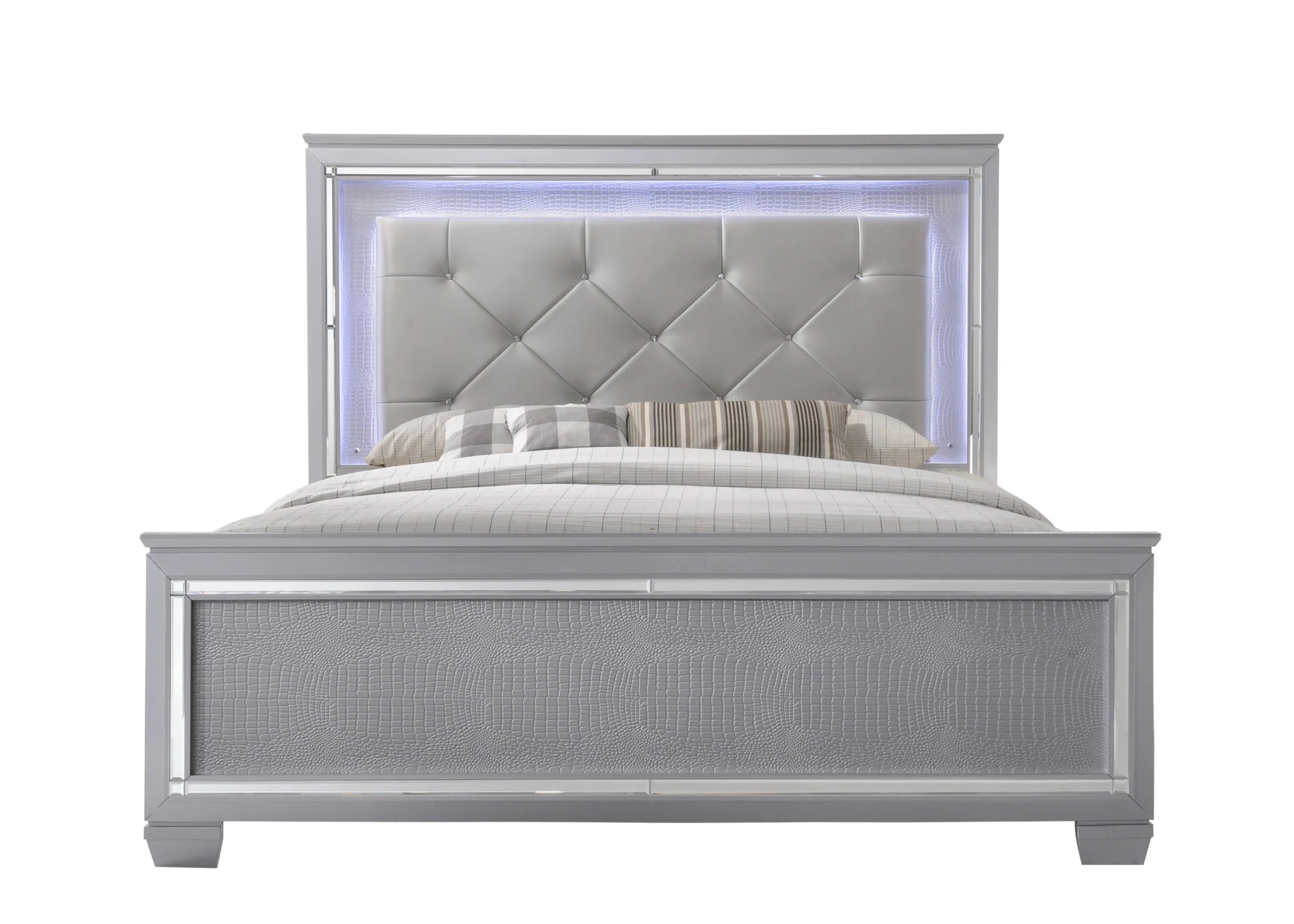 Silver Finish Queen Size LED Backlit Upholstered Headboard Bed Z247638