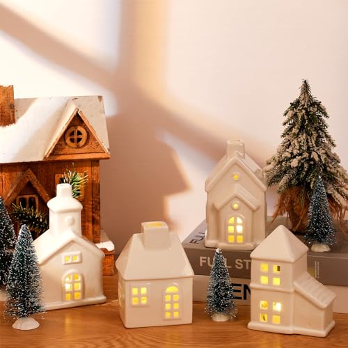 22 Pcs Ceramic Christmas Village Set with Light Include 9 Lighted Village Houses 13 Christmas Trees White Roof T991356