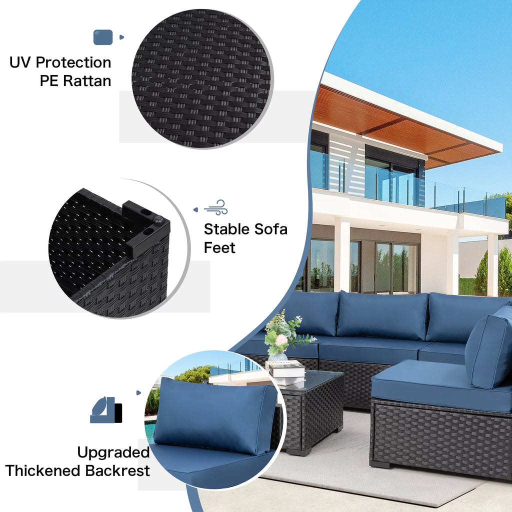 7 Pieces Black Wicker Outdoor Sectional Sofa Set with Tea Table and Cushions A761299
