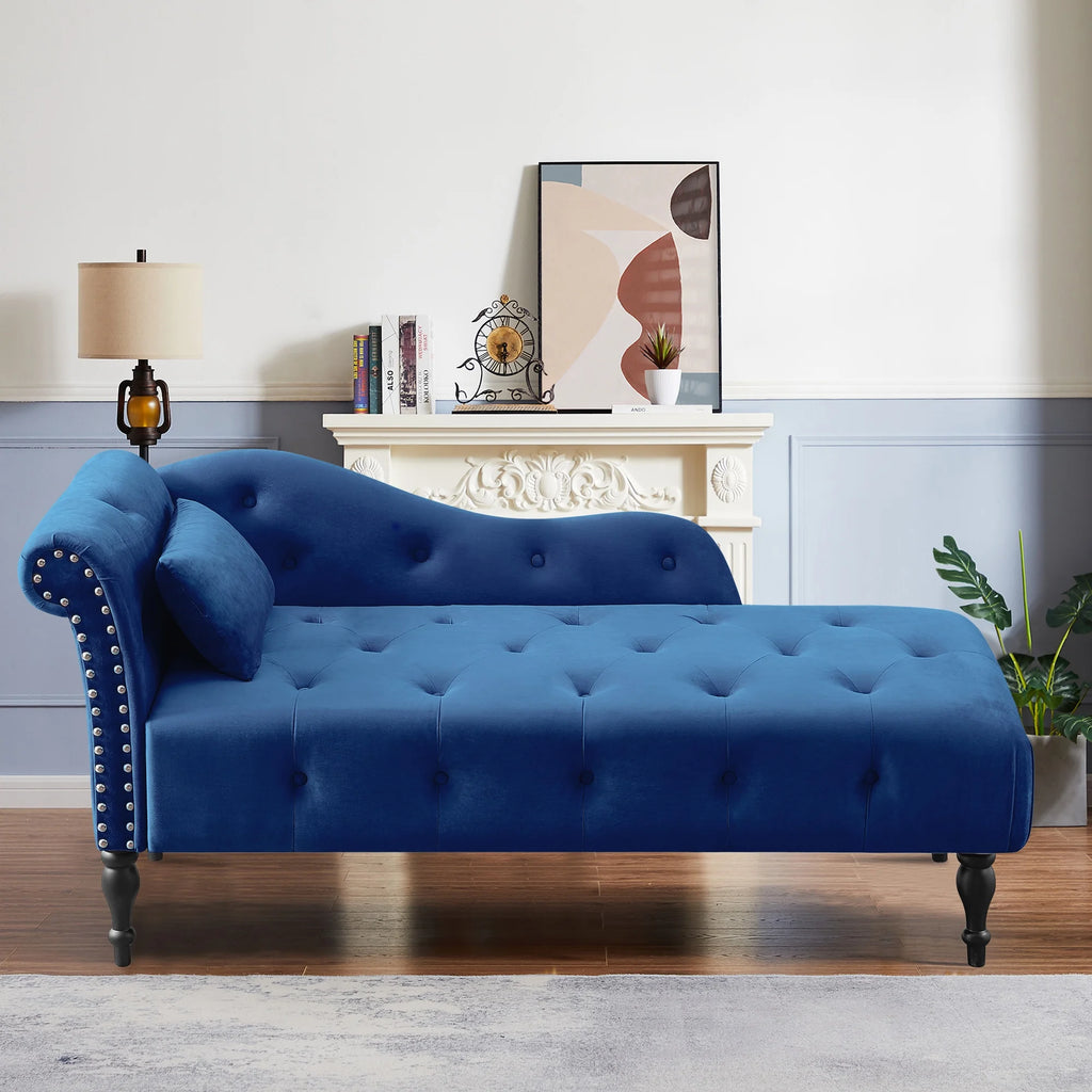 Blue Button Tufted Lounge Chaise with Accent Pillow B3147