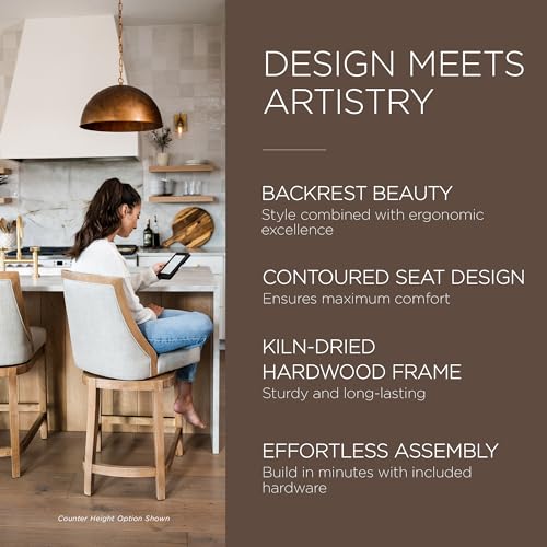 Weathered Oak Finish Sand Color Fabric Upholstered Counter Height Barstool, Set of 2 S7688