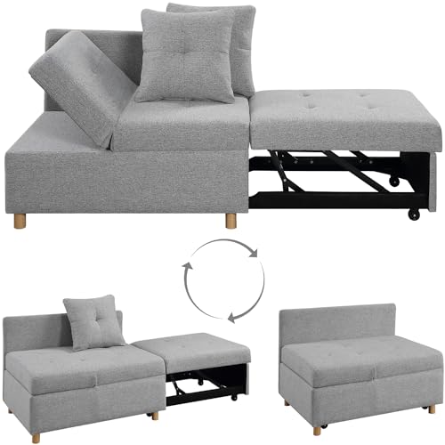 Light Gray Linen Convertible Sleeper Sofa Chair with 2 Throw Pillow A6467