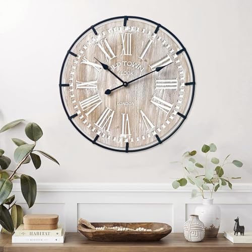 24 Inch Rustic Wood Wall Clock with Metal Circle and Numerals B79526