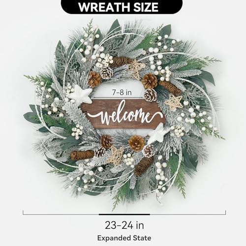 24 Inch Artificial Outdoor Christmas Wreath with Pinecones, White Berries and Welcome Sign W40620