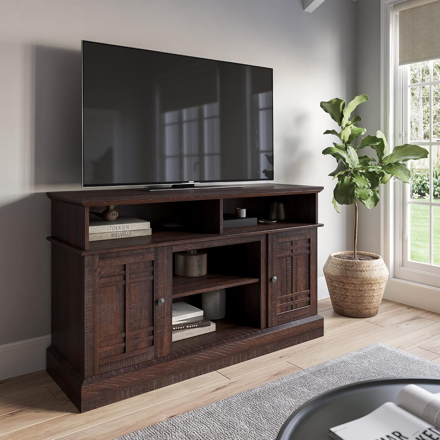 Gray Wash Wood TV Stand with Open Storage Shelves & Cabinets F8234