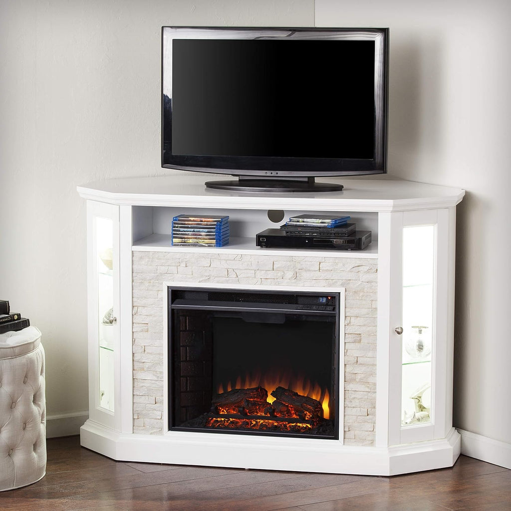 Fresh White Faux Stone Electric Media Storage Corner Fireplace N8692