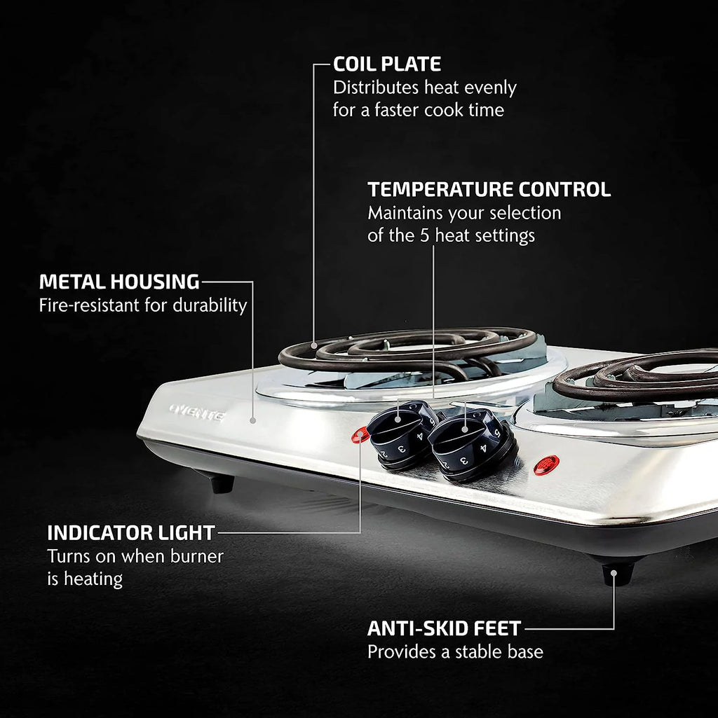 Silver Electric Countertop Double Burner with Stainless Steel Coil Hot Plates A183