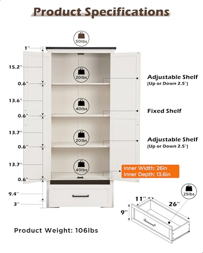 White 72" Tall Wood Rustic Storage Cabinet with Adjustable Shelves and Drawer T958742