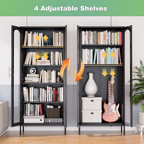 71" Tall Black Glass Display Cabinet with 4 Shelves F94395