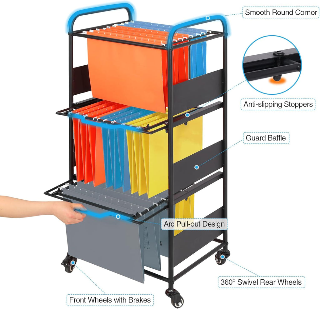 3-Tier Metal Rolling File Cart with Wheels, Black C3320