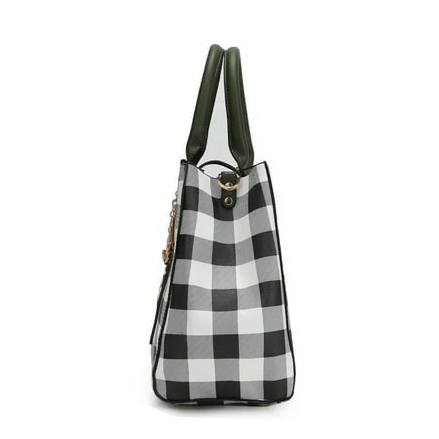 Vegan Leather Checkered Satchel Bag with Wallet 2 Piece Set V240