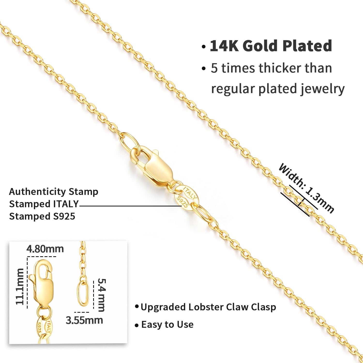 Italian 14K Real Gold Over 925 Sterling Silver Cable Chain Necklace 1.1mm 1.3mm 14 16 18 20 22 24 26 Inch L5101