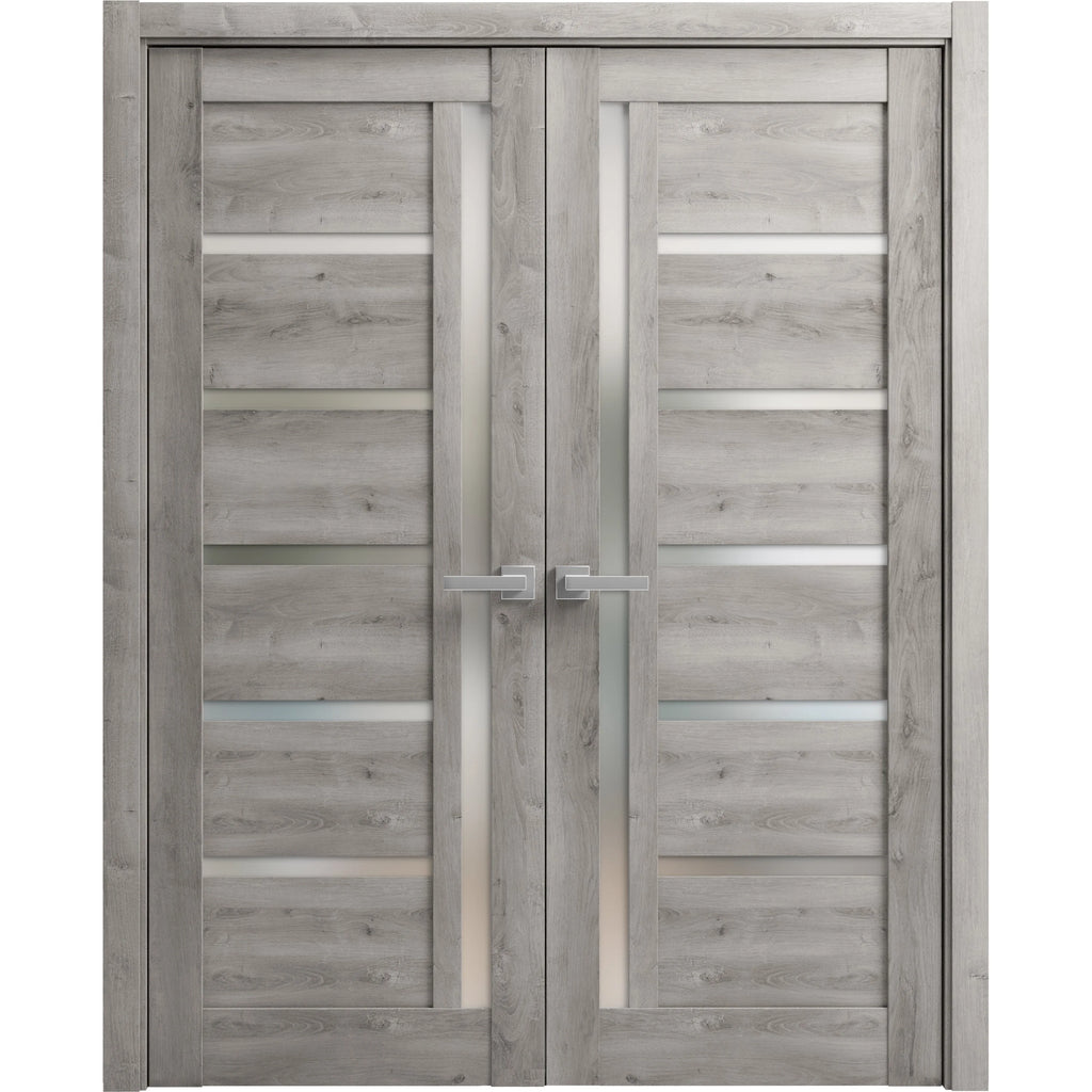 Solid French Double Doors 56 x 84 inches with Frosted Glass Wood Frame H67045