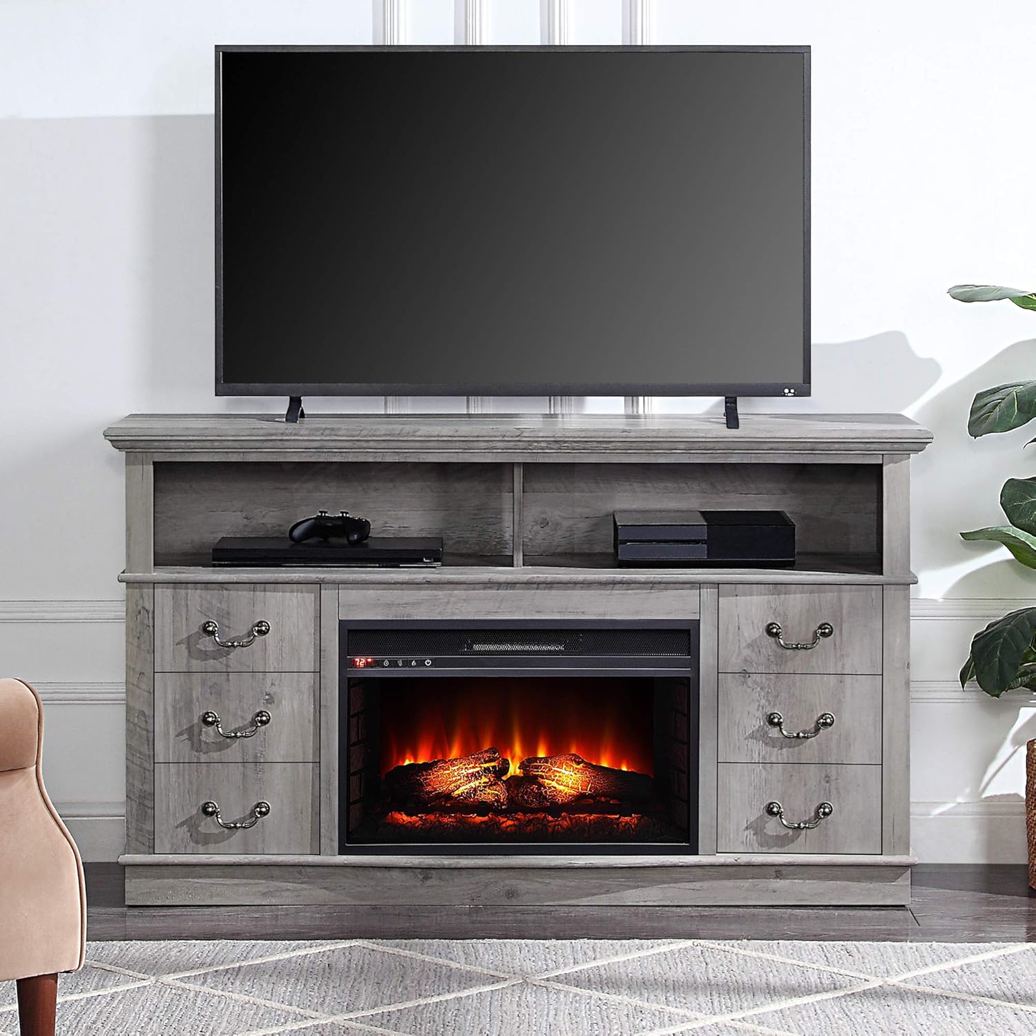 Gray Wash Wood TV Stand with Open Storage Shelves & Cabinets F8234