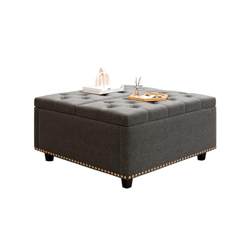 Large Square Storage Ottoman Coffee Table, Light Grey Linen Upholstered with Lift Top C91892