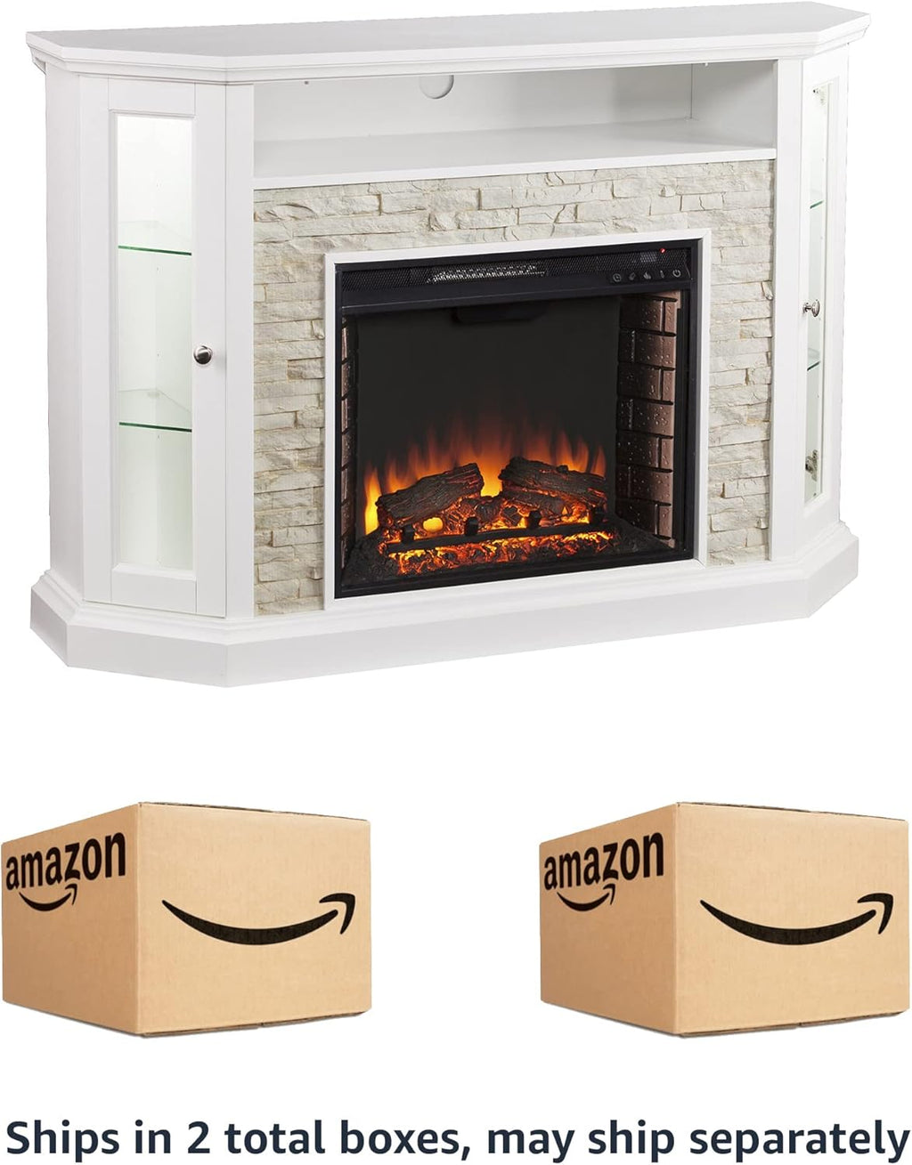 Fresh White Faux Stone Electric Media Storage Corner Fireplace N8692