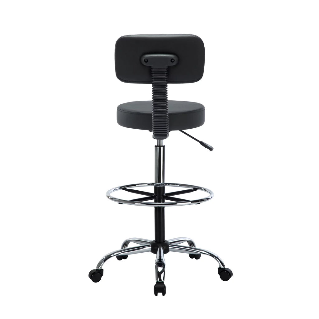 Black Faux Leather Drafting Stool with Backrest and Rolling Wheels E6268