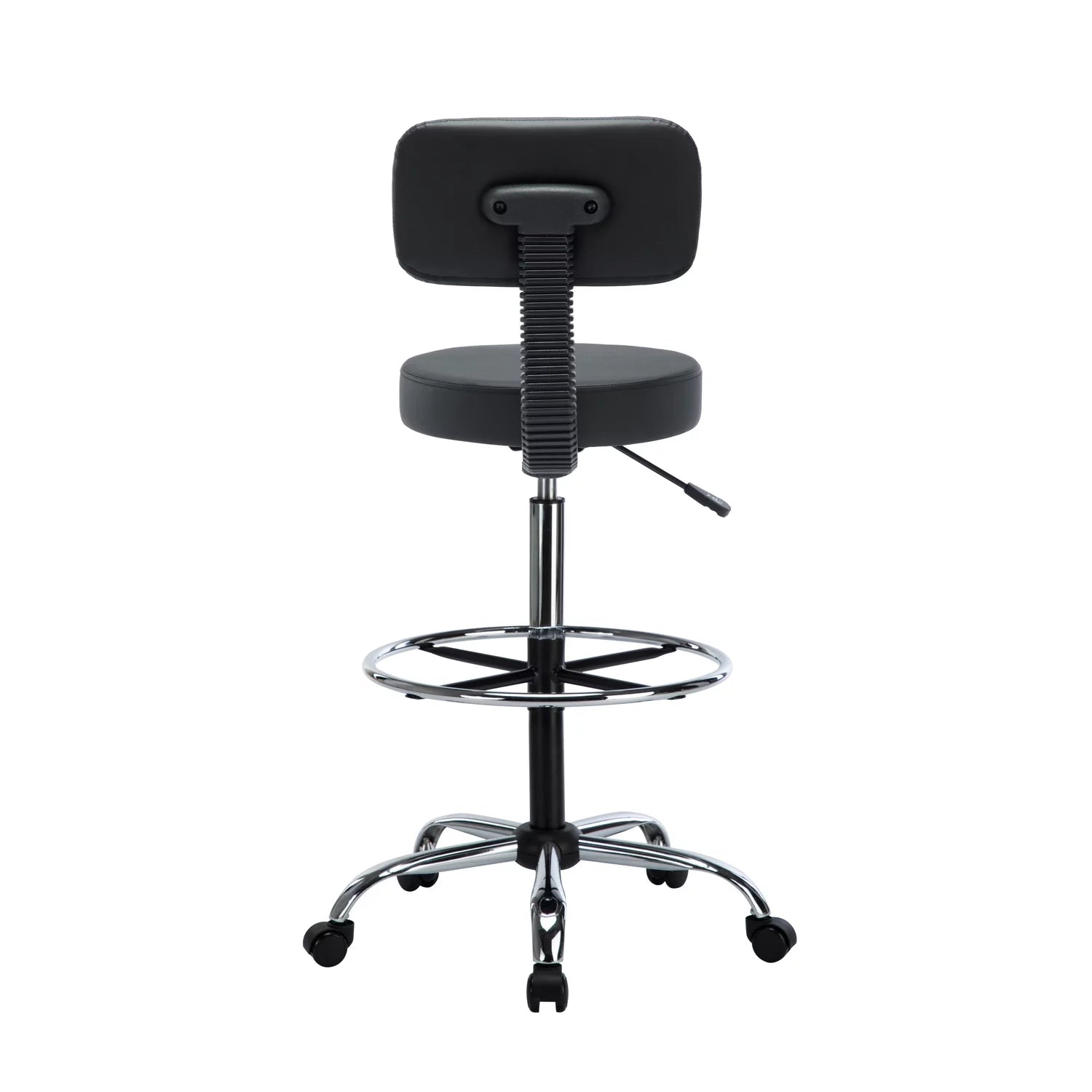 Black Faux Leather Drafting Stool with Backrest and Rolling Wheels E6268