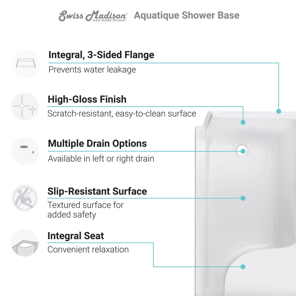 Gray Single Threshold Shower Base with Left Hand Drain and Integral Right Hand Seat R506743