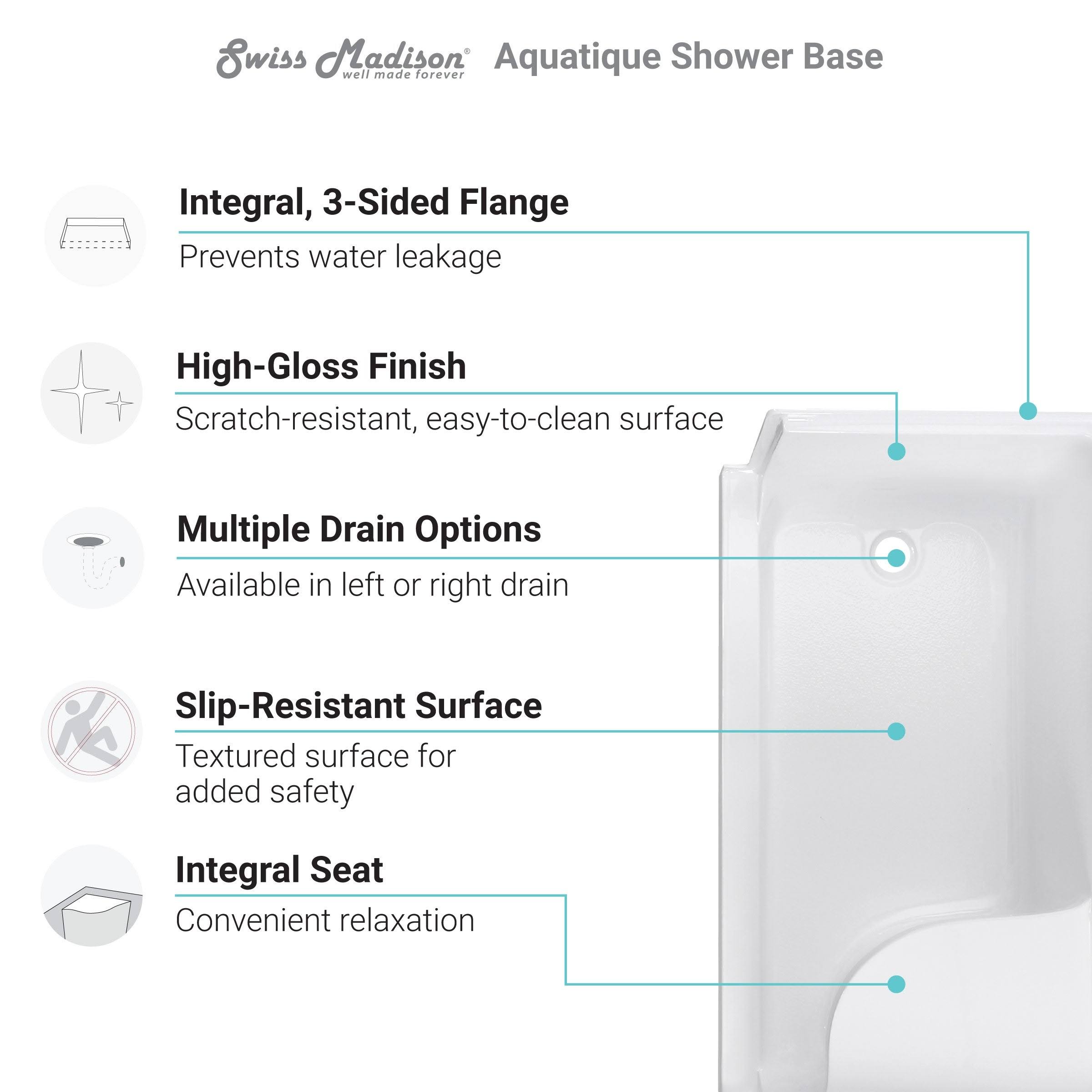 Gray Single Threshold Shower Base with Left Hand Drain and Integral Right Hand Seat R506743