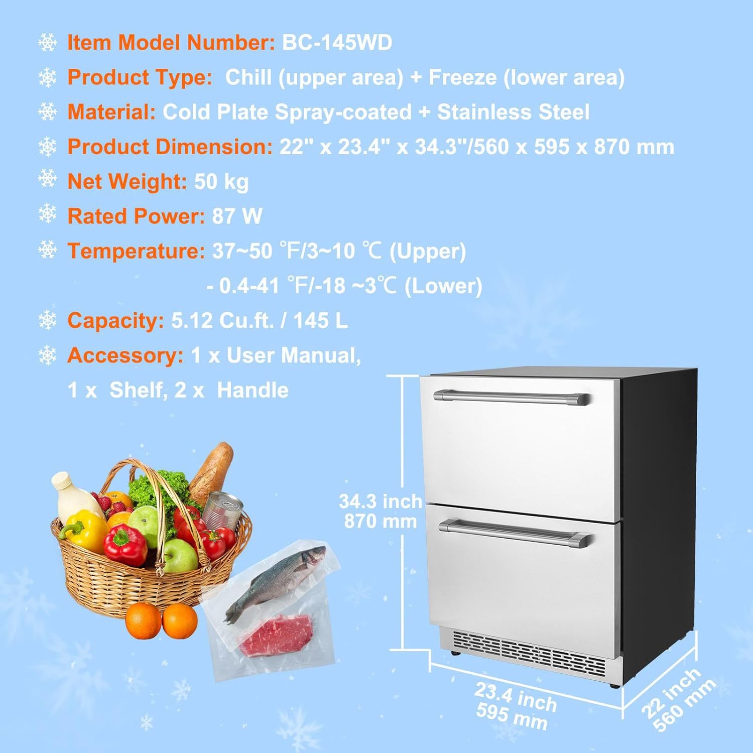 24 inch Undercounter Refrigerator, 2 Drawer, 4.87 Cu.ft. Capacity, silver J866