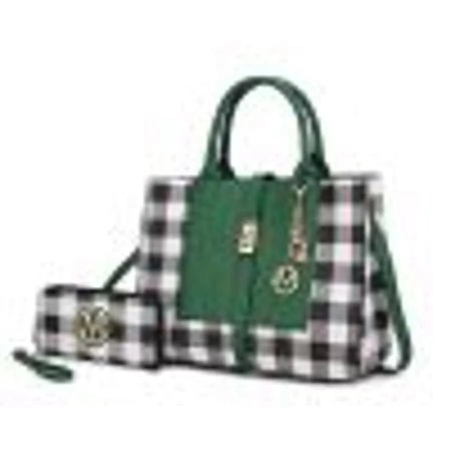 Vegan Leather Checkered Satchel Bag with Wallet 2 Piece Set V240