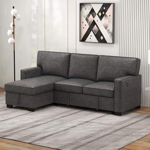 Grey Chenille L-Shaped Sleeper Sofa with Storage B20374