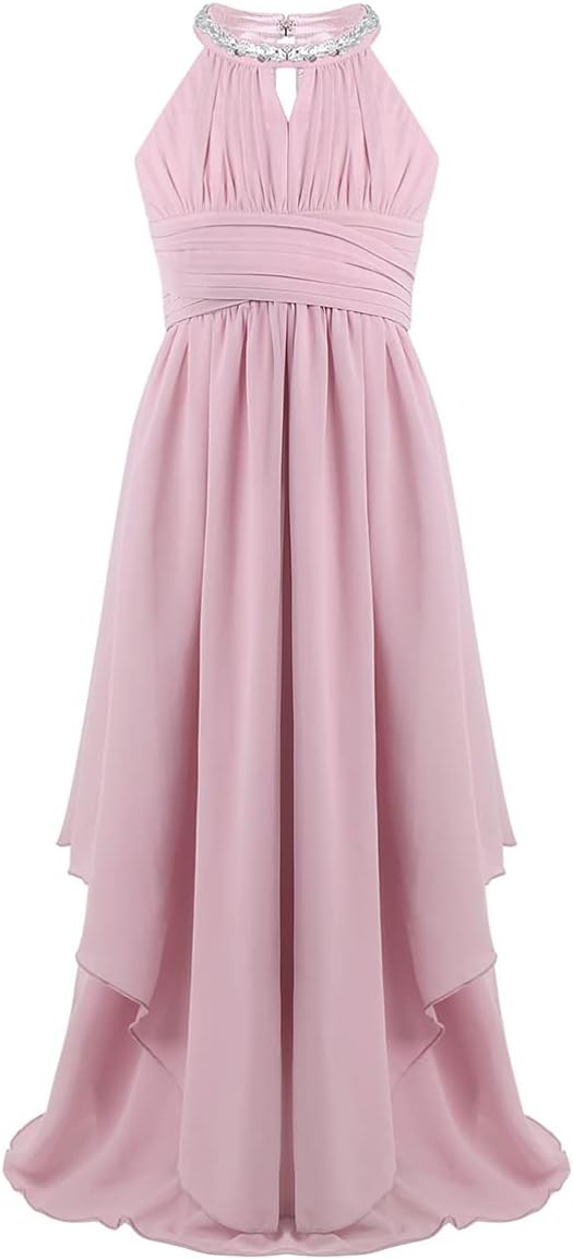 Big Girls Halter-Neck Floral Lace Romper Dress Long Gowns Light Pink U35344