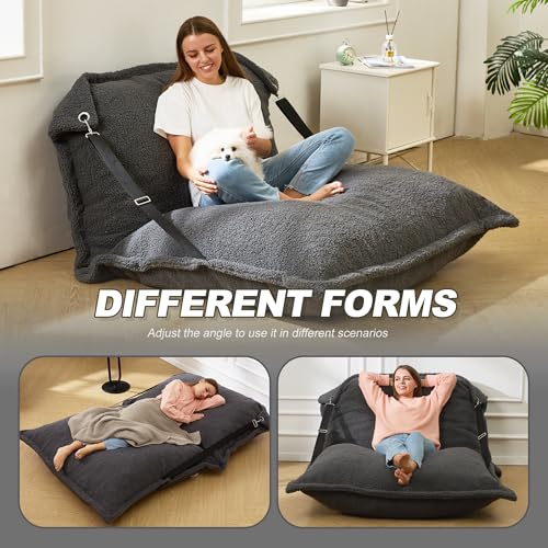 Grey Giant Bean Bag Chair with Adjustable Backrest and Detachable Sherpa Cover J486123