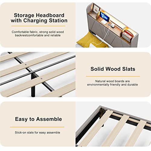 King Bed Frame with Charging Station and Storage Shelf Headboard, Upholstered LED Bed Frame with Solid Wood Slats, Light Brown R147