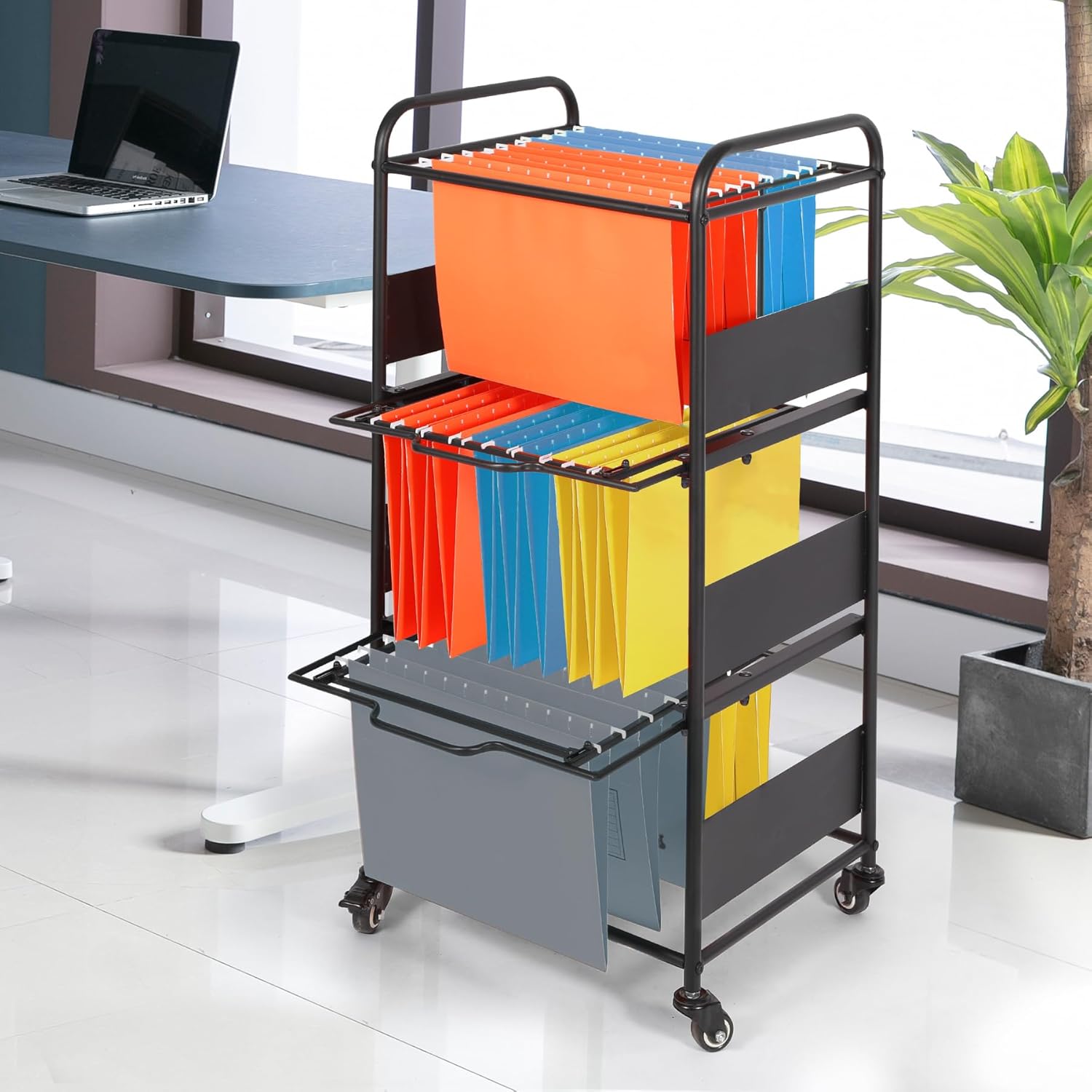 3-Tier Metal Rolling File Cart with Wheels, Black C3320