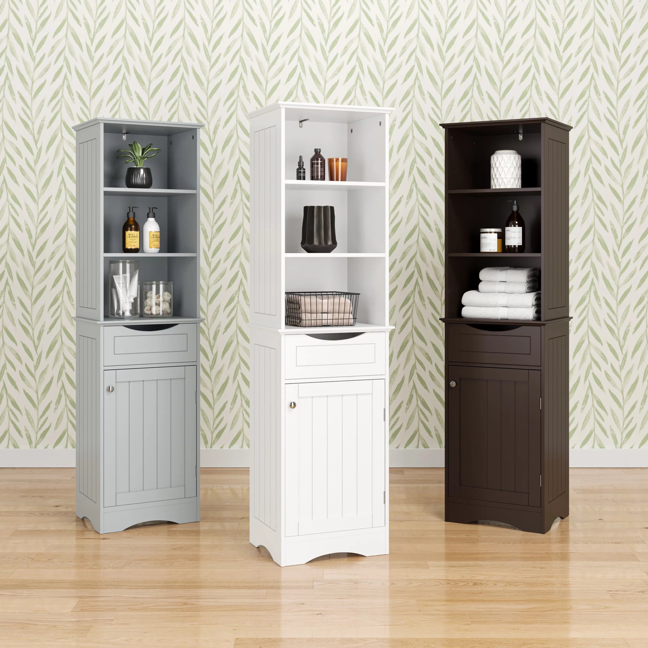 White Tall Linen Storage Cabinet with Drawer F222