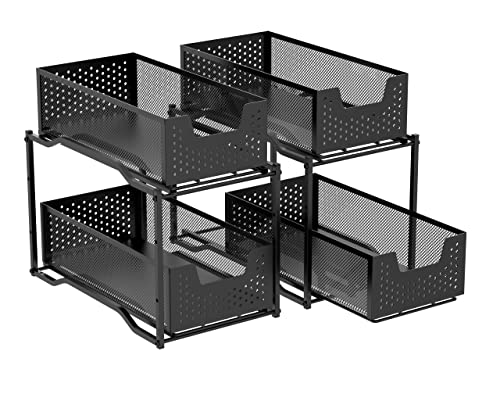Black 2 Pack Stackable 2 Tier Under Sink Cabinet Organizer with Sliding Storage Drawer T362