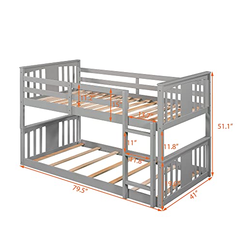 Gray Solid Wood Twin over Twin Bunk Bed with Ladder and Guard Rail Z24335