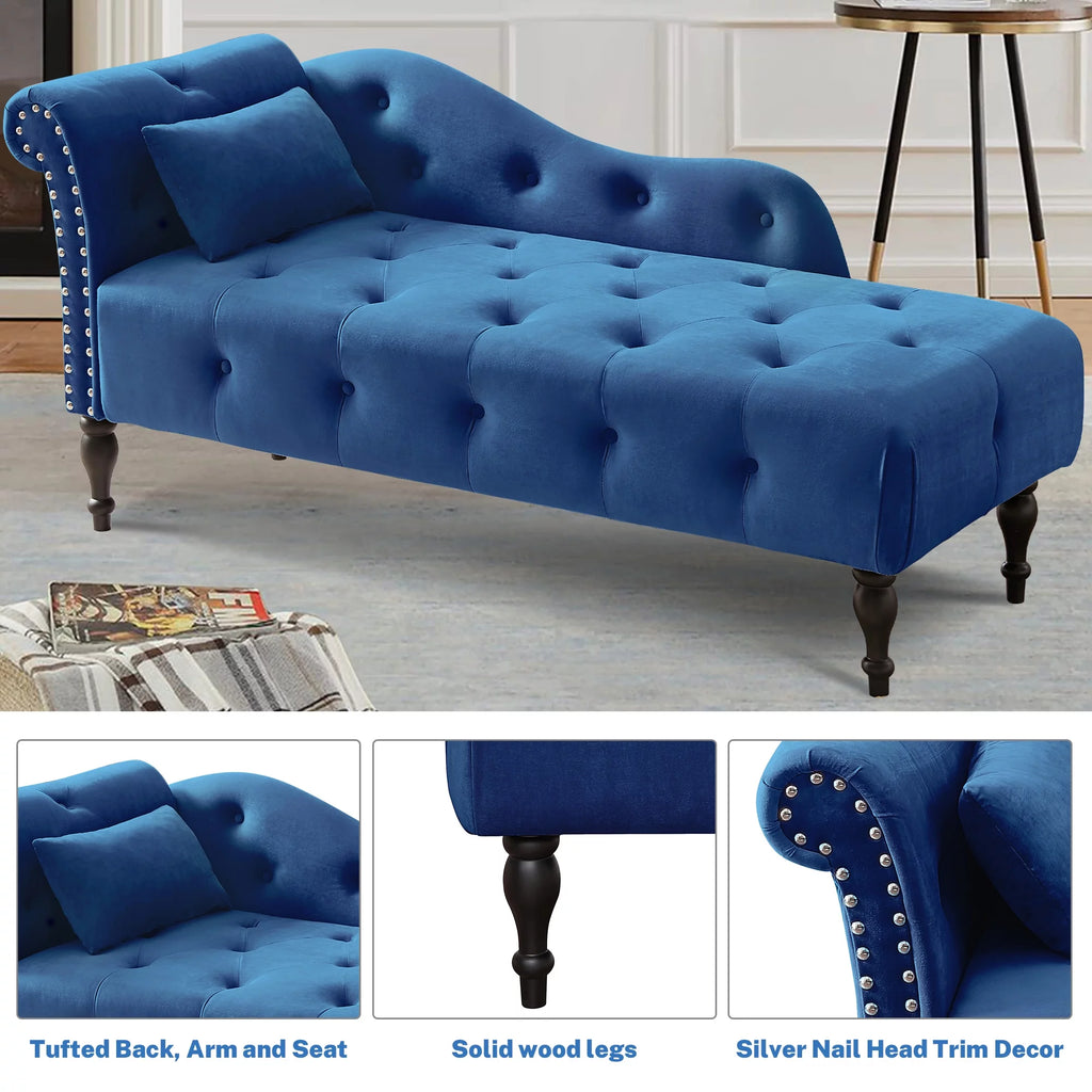 Blue Button Tufted Lounge Chaise with Accent Pillow B3147